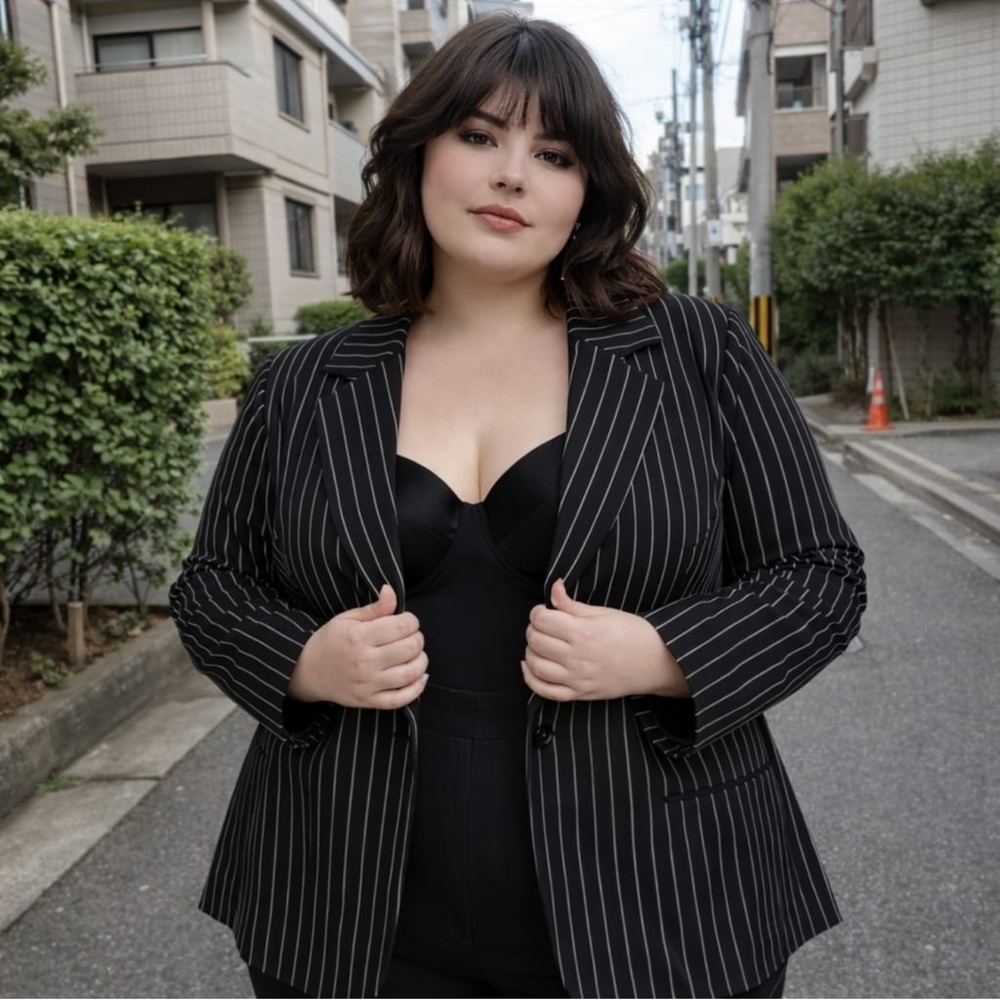 New Ashley Stewart Pinstripe Blazer Stretch Black White Rayon Nylon Spandex